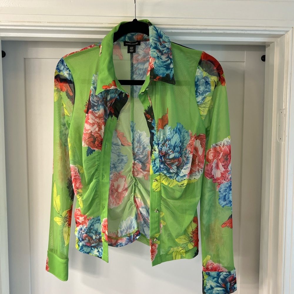 Multi color spring blouse with crystal buttons. Size 6.